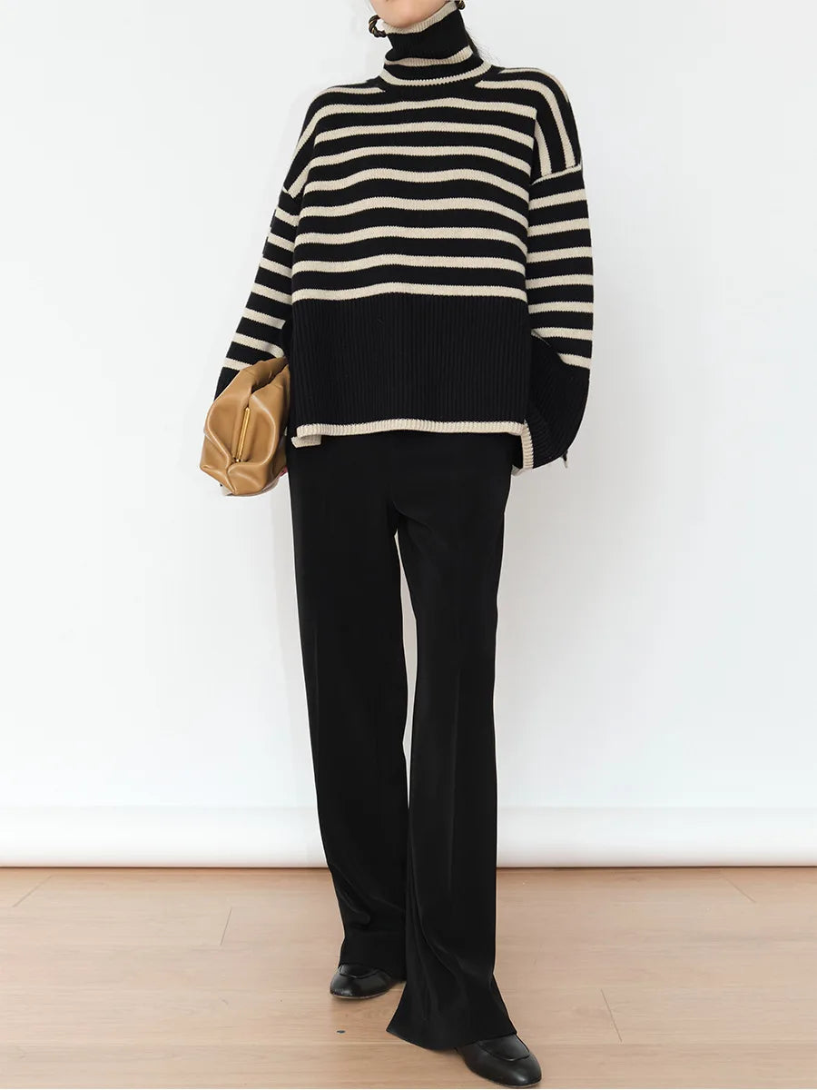 Women's Striped Turtleneck Sweater2023New Autumn and Winter Loose Design Niche Knitwear Pullover Coat