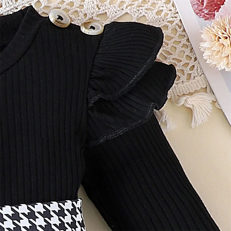 Pudcoco Baby Girl Spring Outfits Long Sleeve Houndstooth Print Romper Dress with Headband and Long Socks