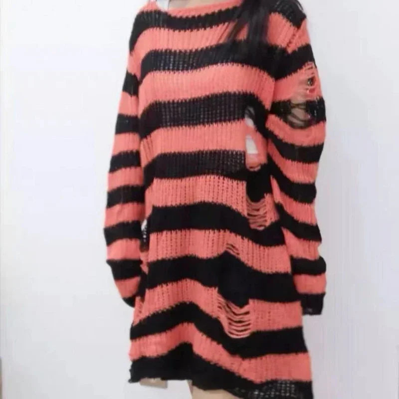 New ZMZBCH Spring Autumn Women's Punk Gothic Oversized Pullover Sweater Striped Hollow out Cool Harajuku Aesthetics  2-M3288