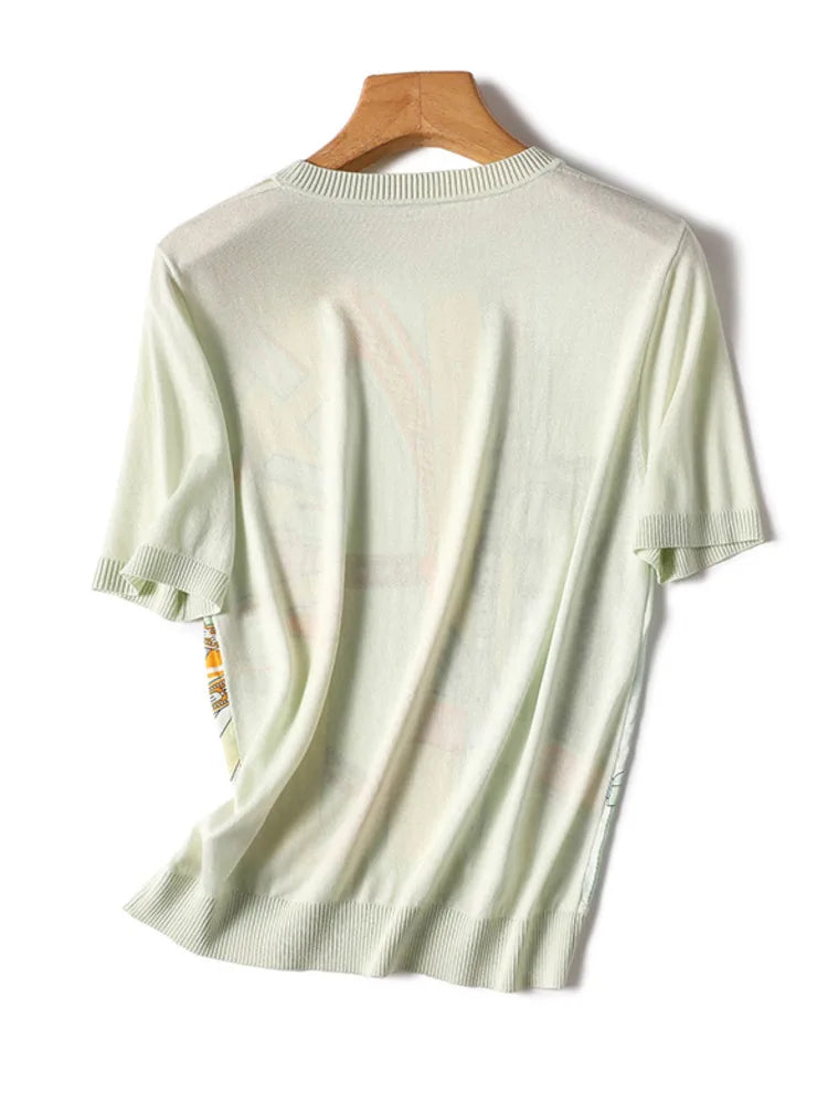 New Fashion Printing Put Together Ice Silk Knitwear Shirt T-shirt Round Neck Short Sleeve Temperament Slim Women's Style Top