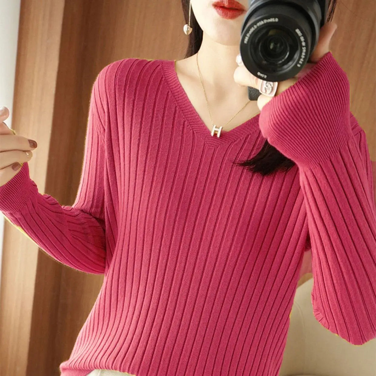 Chic Casual Autumn Winter Basic Sweater Pullovers Women V-neck Solid Knit Loose Pullover Female Long Sleeve Warm Khaki Sweater