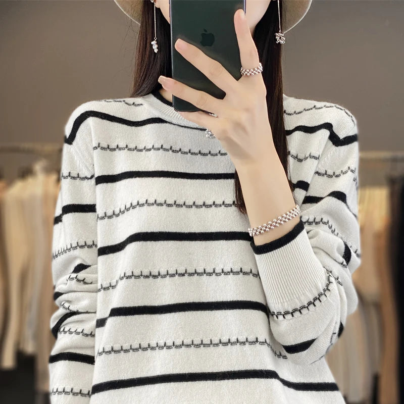 Spring Women's Pullover Sweater Striped Two-Color Sweater Long Sleeve Crewneck New 100% Cotton Pullover Sweater For Women-SMY251