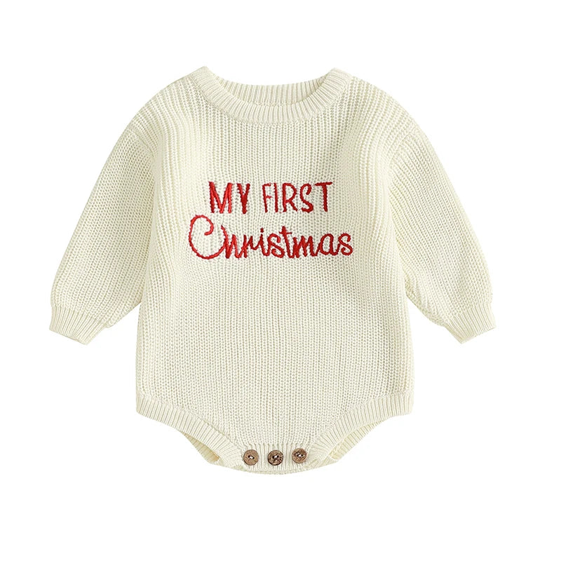 0-18M Newborn Baby Girl Boy Christmas Sweater Romper Letter Embroidery Long Sleeve Crew Neck Knit Bubble Jumpsuit