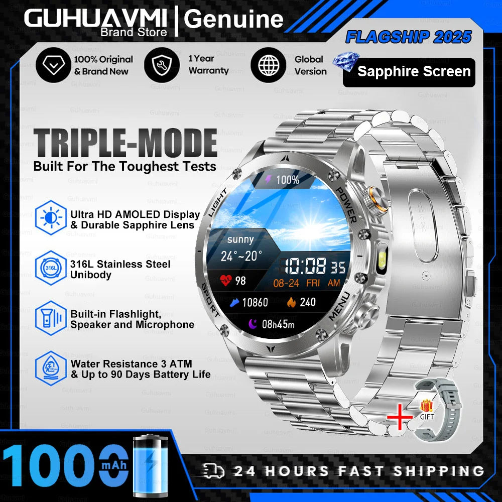 New Outdoor Military SmartWatch Man 1.7" AMOLED Screen 1000mAh Battery 5ATM Waterproof Flashlight 100+ Sports smart watches 2025
