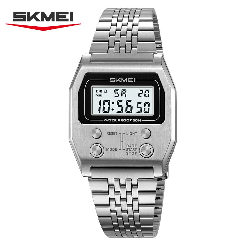 SKMEI 2460 Wristwatches Reloj Hombre Waterproof Digital Watch for Men Stainless Steel Sport Luxury Retro LED Electronic Mens