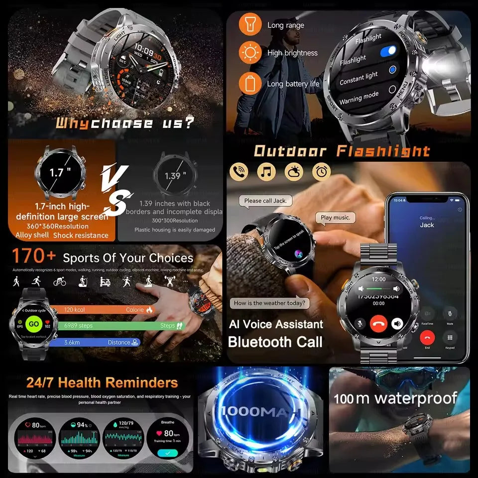 New Outdoor Military SmartWatch Man 1.7" AMOLED Screen 1000mAh Battery 5ATM Waterproof Flashlight 100+ Sports smart watches 2025