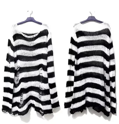 New ZMZBCH Spring Autumn Women's Punk Gothic Oversized Pullover Sweater Striped Hollow out Cool Harajuku Aesthetics  2-M3288