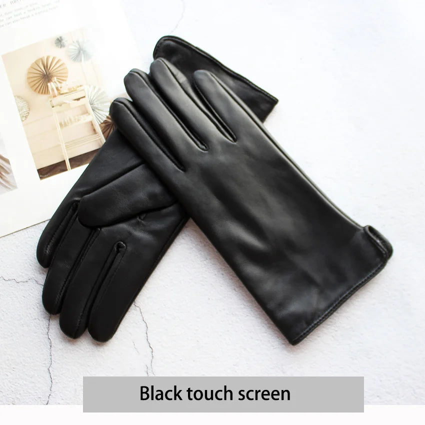 Women's Sheepskin Gloves Fashion Color Leather Simple Style Wool Lining Spring and Autumn Warmth Finger Gloves
