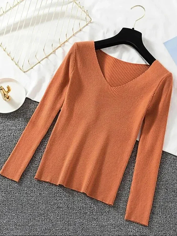 2025 Fashion V-neck Elastic Basic Top New Women Sweater Autumn Winter Long Sleeve Pullover Female Winter Solid Knitted Jumper