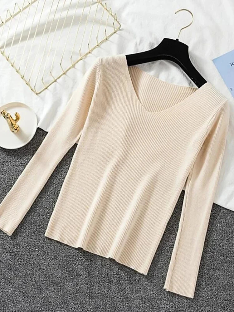 2025 Fashion V-neck Elastic Basic Top New Women Sweater Autumn Winter Long Sleeve Pullover Female Winter Solid Knitted Jumper