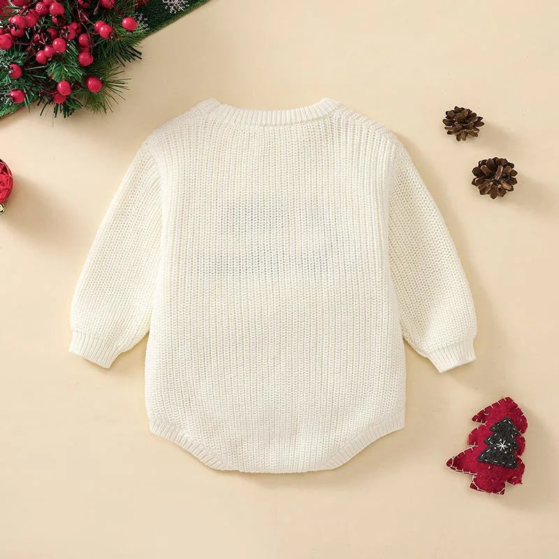 0-18M Newborn Baby Girl Boy Christmas Sweater Romper Letter Embroidery Long Sleeve Crew Neck Knit Bubble Jumpsuit