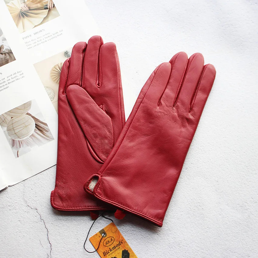 Women's Sheepskin Gloves Fashion Color Leather Simple Style Wool Lining Spring and Autumn Warmth Finger Gloves