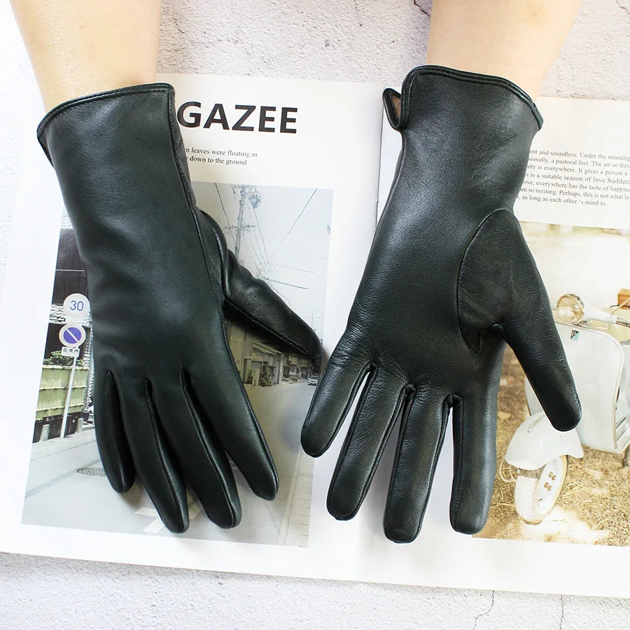 Women's Sheepskin Gloves Fashion Color Leather Simple Style Wool Lining Spring and Autumn Warmth Finger Gloves