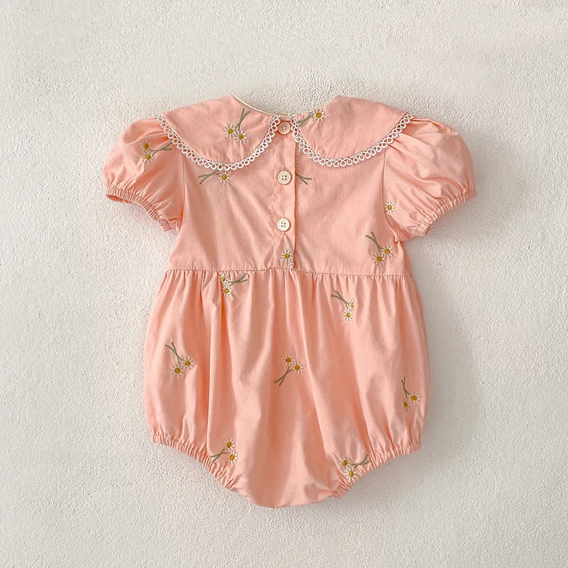 New Summer Newborn Baby Girl Romper 0-24M Baby Girl Clothing Cotton Pink Embroidered Flowers Cotton Toddler Baby Girls Jumpsuit