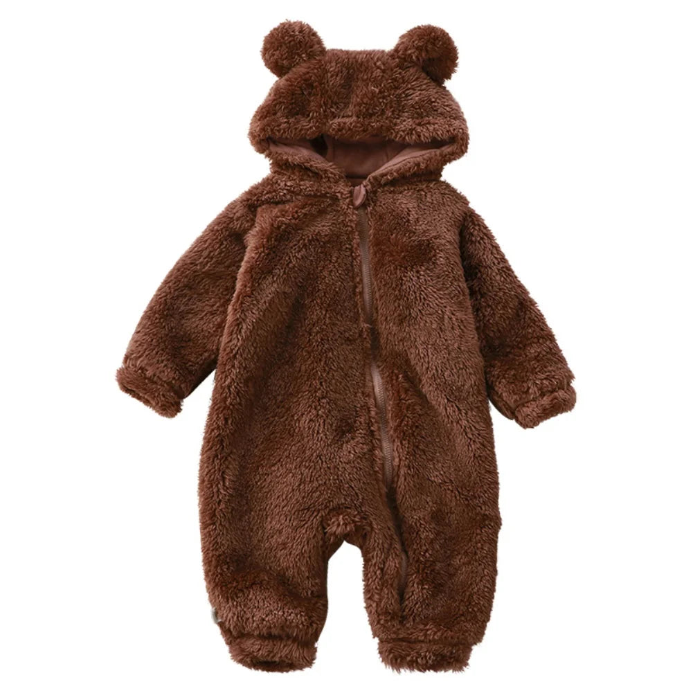 Winter Baby Rompers Girls Solid Fleece Warm Soft Bear Ear Jumpsuit  Infant Hooded Long Sleeve Skin-Friendly Rompers Baby Clothes