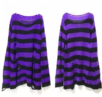 New ZMZBCH Spring Autumn Women's Punk Gothic Oversized Pullover Sweater Striped Hollow out Cool Harajuku Aesthetics  2-M3288