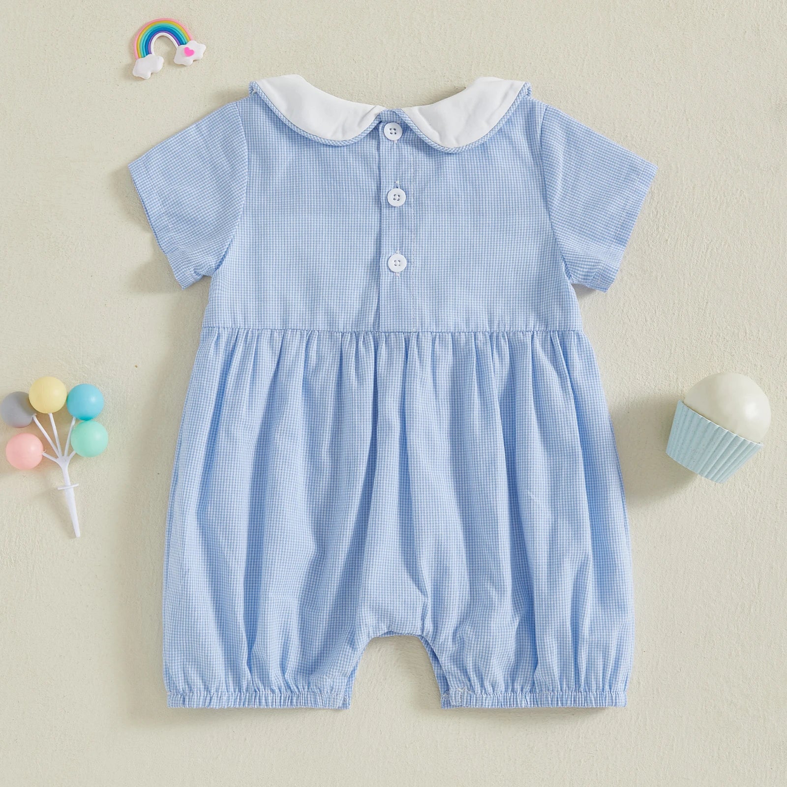 0-18M Baby Girl Boy Summer Blue Rompers Sailboat Embroidered Short Sleeve Doll Collar Jumpsuit Newborn Clothes Outfit