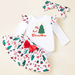 My First Christmas Outfit Baby Girl White Christmas Bodysuit Green Tree Tutu Skirt Headband First New Year Party Sweet  Clothes
