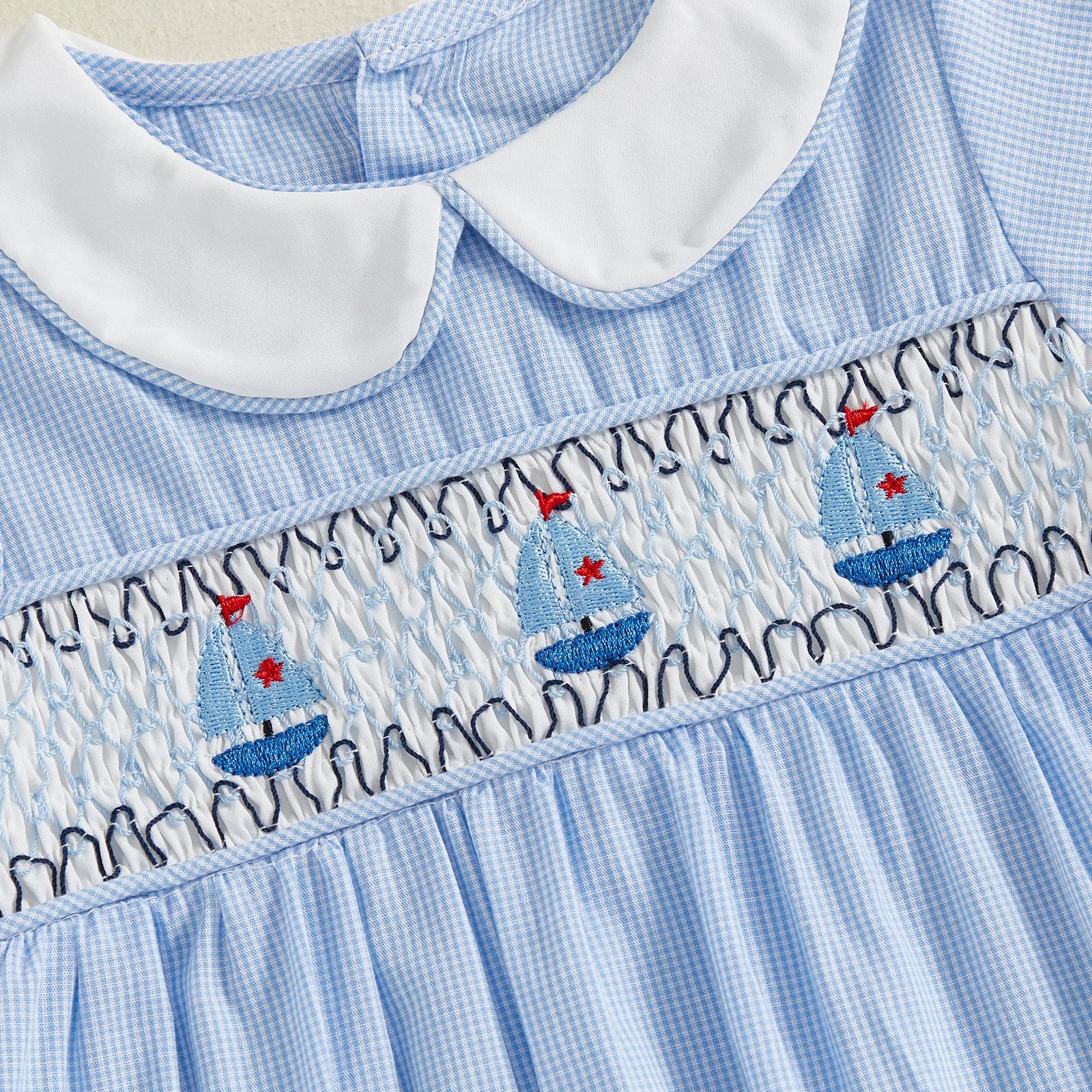 0-18M Baby Girl Boy Summer Blue Rompers Sailboat Embroidered Short Sleeve Doll Collar Jumpsuit Newborn Clothes Outfit