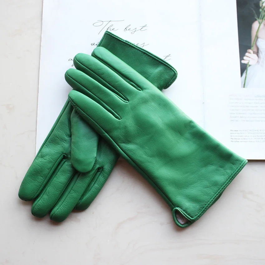 Women's Sheepskin Gloves Fashion Color Leather Simple Style Wool Lining Spring and Autumn Warmth Finger Gloves