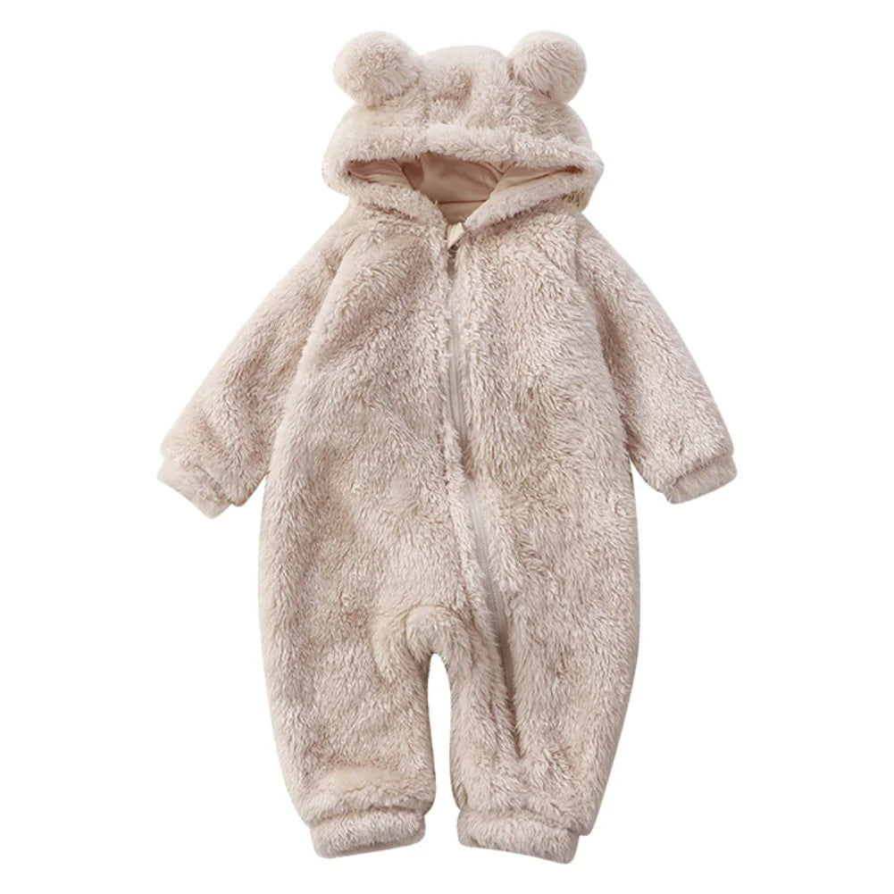 Winter Baby Rompers Girls Solid Fleece Warm Soft Bear Ear Jumpsuit  Infant Hooded Long Sleeve Skin-Friendly Rompers Baby Clothes