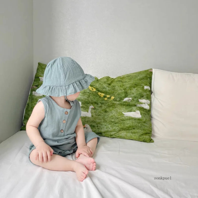 2Pcs/Set Baby Summer Clothing Solid Newborn Infant Romper With Hat Muslin Cotton Sleeveless Baby Boys Girls Jumpsuit Outfits