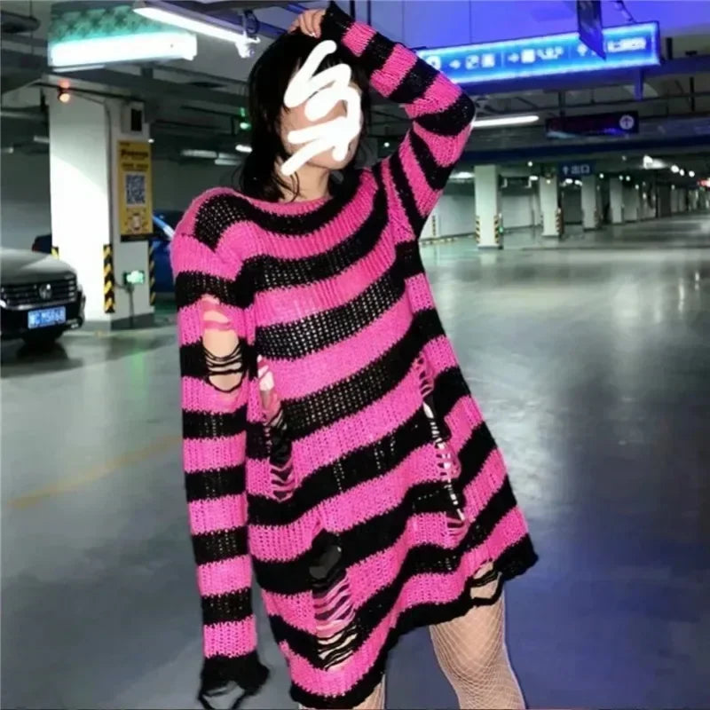 New ZMZBCH Spring Autumn Women's Punk Gothic Oversized Pullover Sweater Striped Hollow out Cool Harajuku Aesthetics  2-M3288
