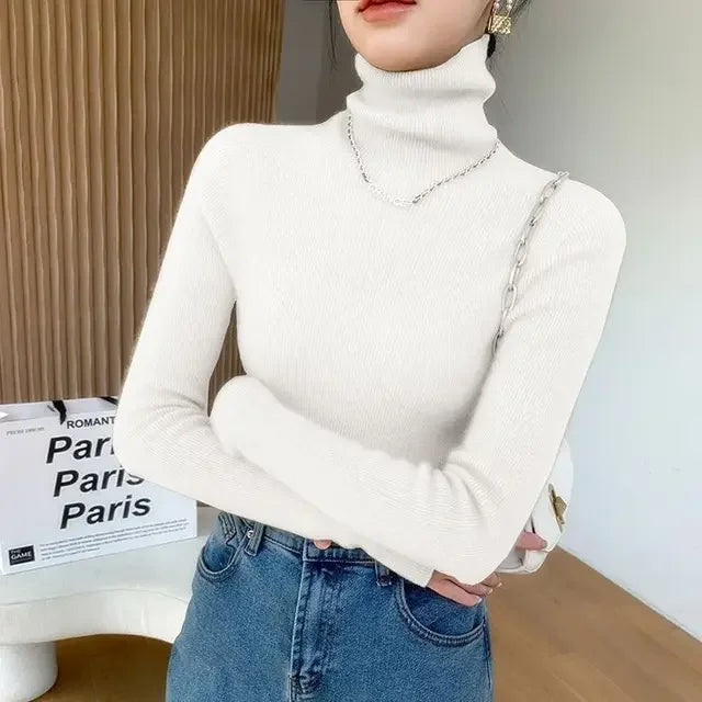 2025 Korean Style Turtleneck Long Sleeve Pullover Fashion Soft Warm Basic Sweater Women's Autumn Winter Slim Solid Knitwear Tops