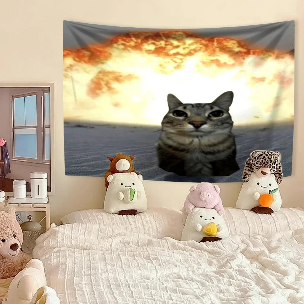 Funny Cat Meme Tapestry Kawaii Animal Home Decor Wall Hanging Covering Cloth Bedroom Dorm Background Festival Gift