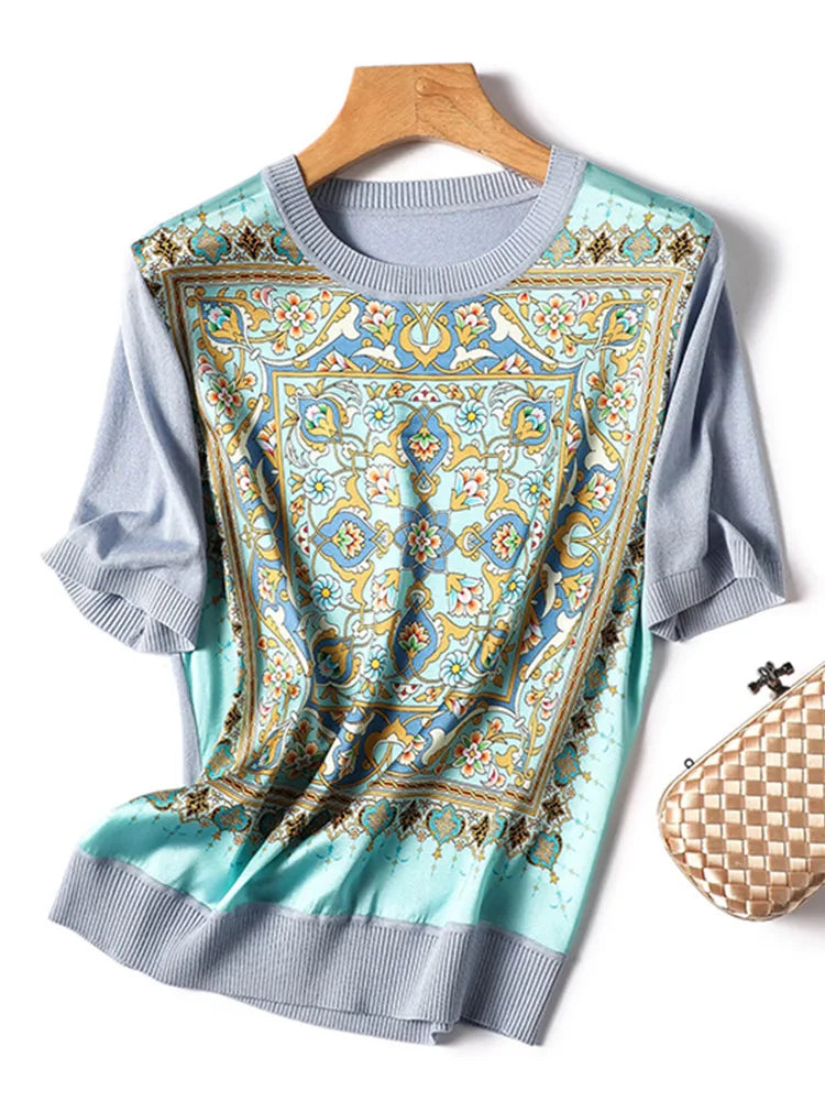 New Fashion Printing Put Together Ice Silk Knitwear Shirt T-shirt Round Neck Short Sleeve Temperament Slim Women's Style Top