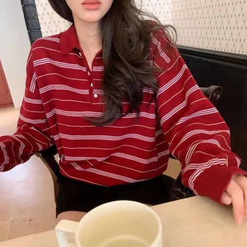 Korean Sle  Ne Color Blo Striped Knitwear Women's Loose Fit Soft Versatile Top American Retro Spring New Arrival