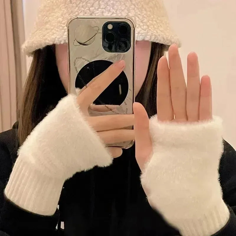 New Women's Half-Finger Gloves - Soft & Warm for Winter, Luxury Solid-Color Plush Knitted Fingerless Gloves