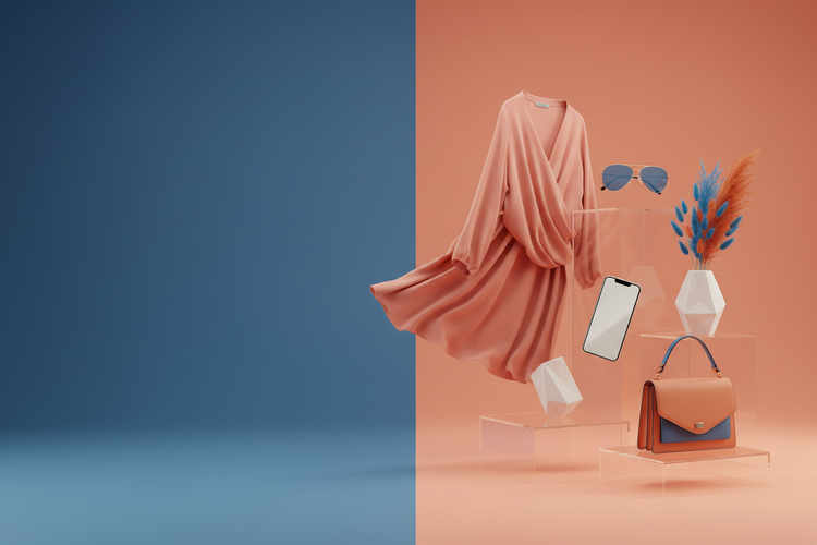 Here’s the refined prompt:

**Prompt:**
*A modern, desktop-friendly store cover image using blue and a nother complementary color, clean vertical layout with generic products (clothes, sunglasses, electronics, home items, accessories). Sleek, minimal, professional design with soft lighting. Image size: 1880 × 720 px. No text or writing on the image.*
goods to be from the middle to the right side
