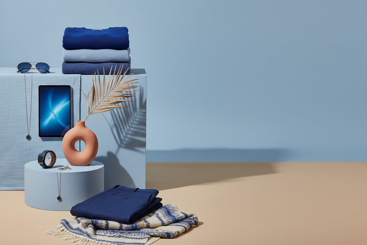 Here’s your polished prompt:

**Prompt:**
*A modern, mobile-friendly store cover image using blue and a complementary color, clean vertical layout with generic products (clothes, sunglasses, electronics, home items, accessories). Sleek, minimal, professional design with soft lighting. Image size: 638 × 870 px. No text or writing on the image.*
